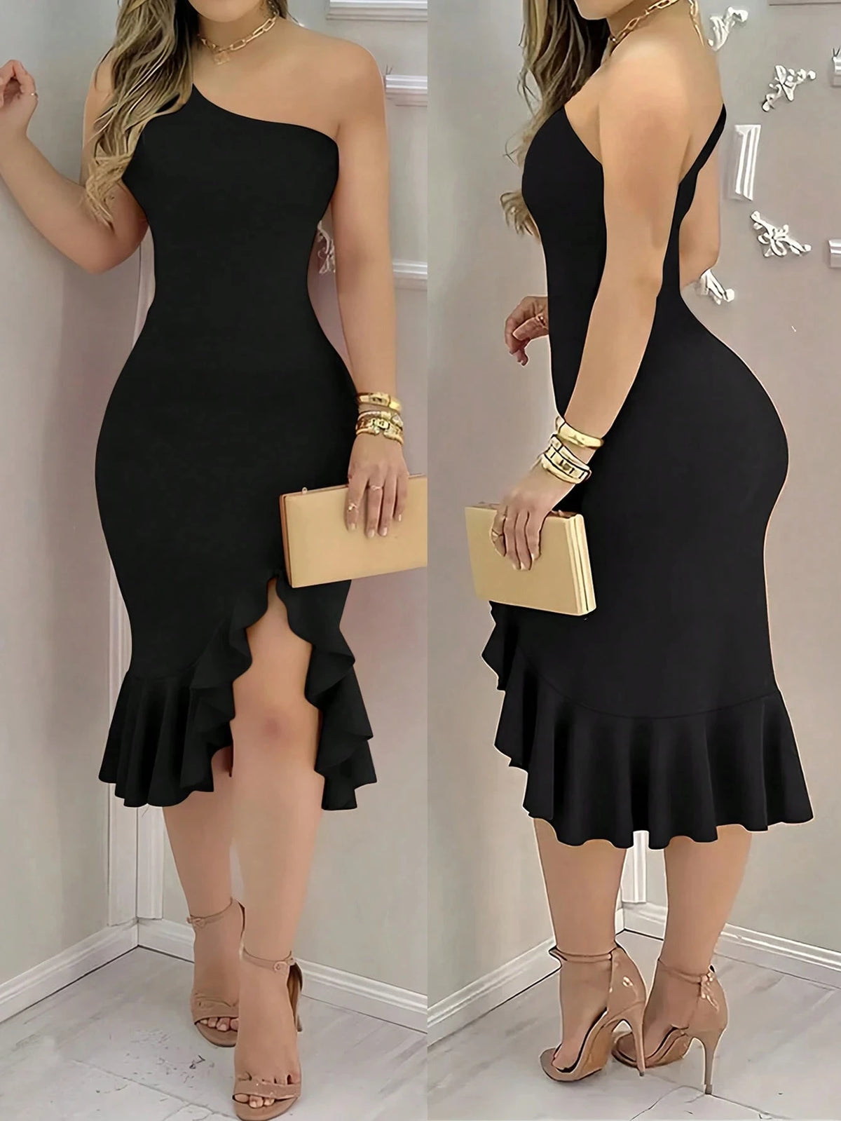 Vestido Midi Asimétrico Hombros Descubiertos